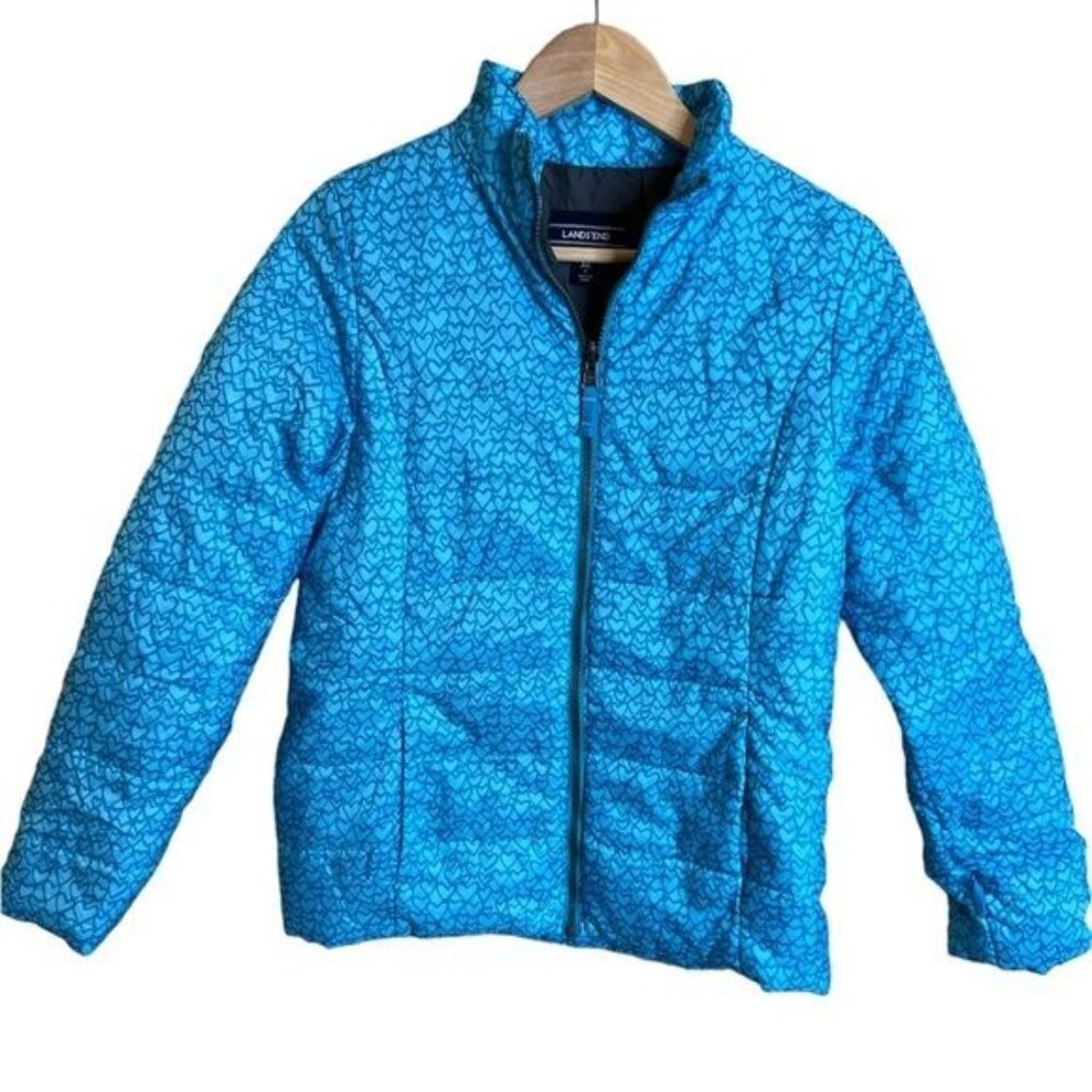 Lands’ End Puffer Jacket Girls Size XL 16 Turquoise Blue Zip Front Heart Pattern